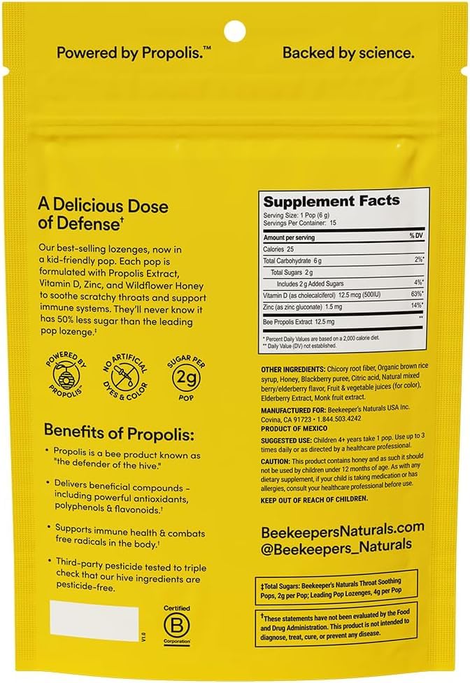 Kids Throat Soothing Lollipops by Beekeeper's Naturals - Doctor Formulated Immune Support, Vitamin D & Honey, Under 2g Sugar, Clean Ingredients,15 ct