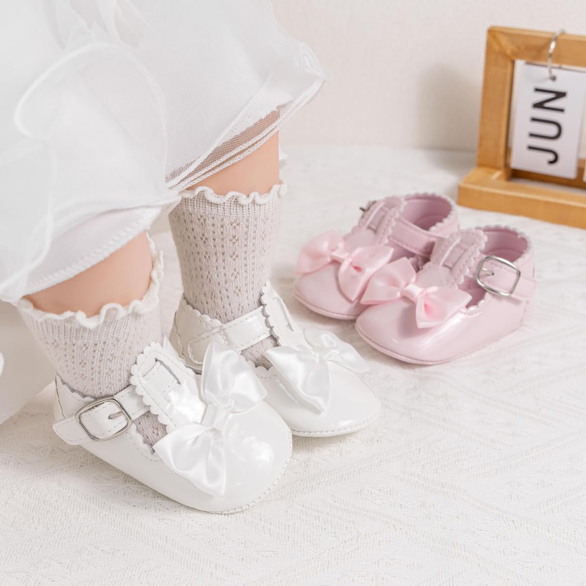 Meckior Newborn Baby Girls Dress Shoes Infant Bowknot Soft Sole Mary Jane Moccasins Baptism Christening Crib Shoes Wedding Princess Flats