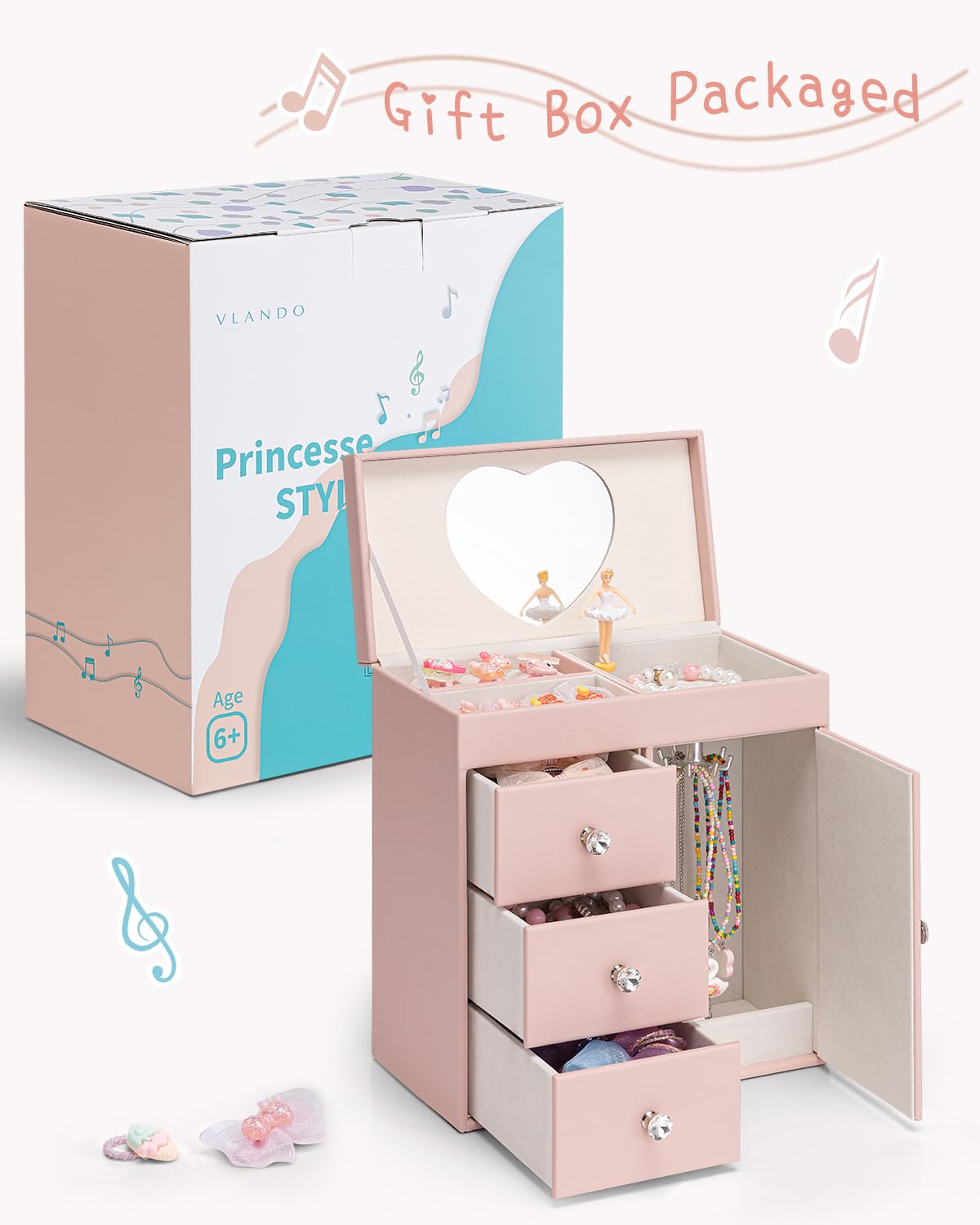 Vlando Musical Jewelry Box for Girls, Large Kid Music Box with Ballerina for Birthday Bedroom Decor, 4 Layer Girl Jewelry Gifts for Girls Kids - Light Pink