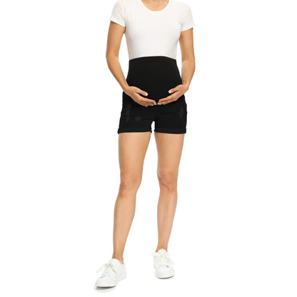 V VOCNI Maternity Denim Shorts Women's Summer High Waist Distressed Cuffed Hem Casual Denim Jeans Short
