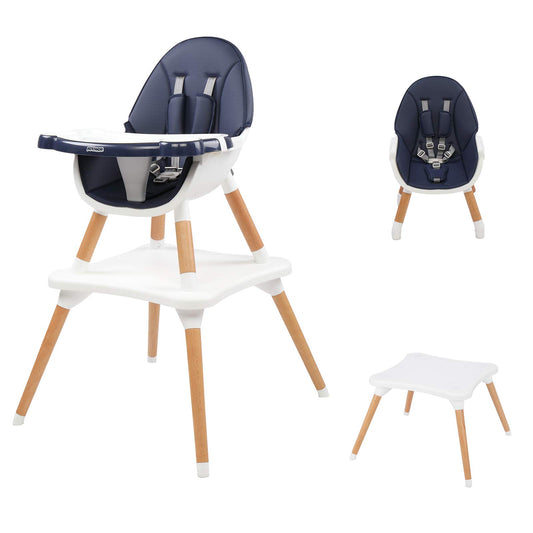 JOYMOR 5-in-1 Convertible Baby High Chair for Babies and Toddlers, Table and Chair Set, Wooden Infant Eating Highchair with Leather Seat Cushion, 4-Position Removeable & Adjustable Tray (Biege)
