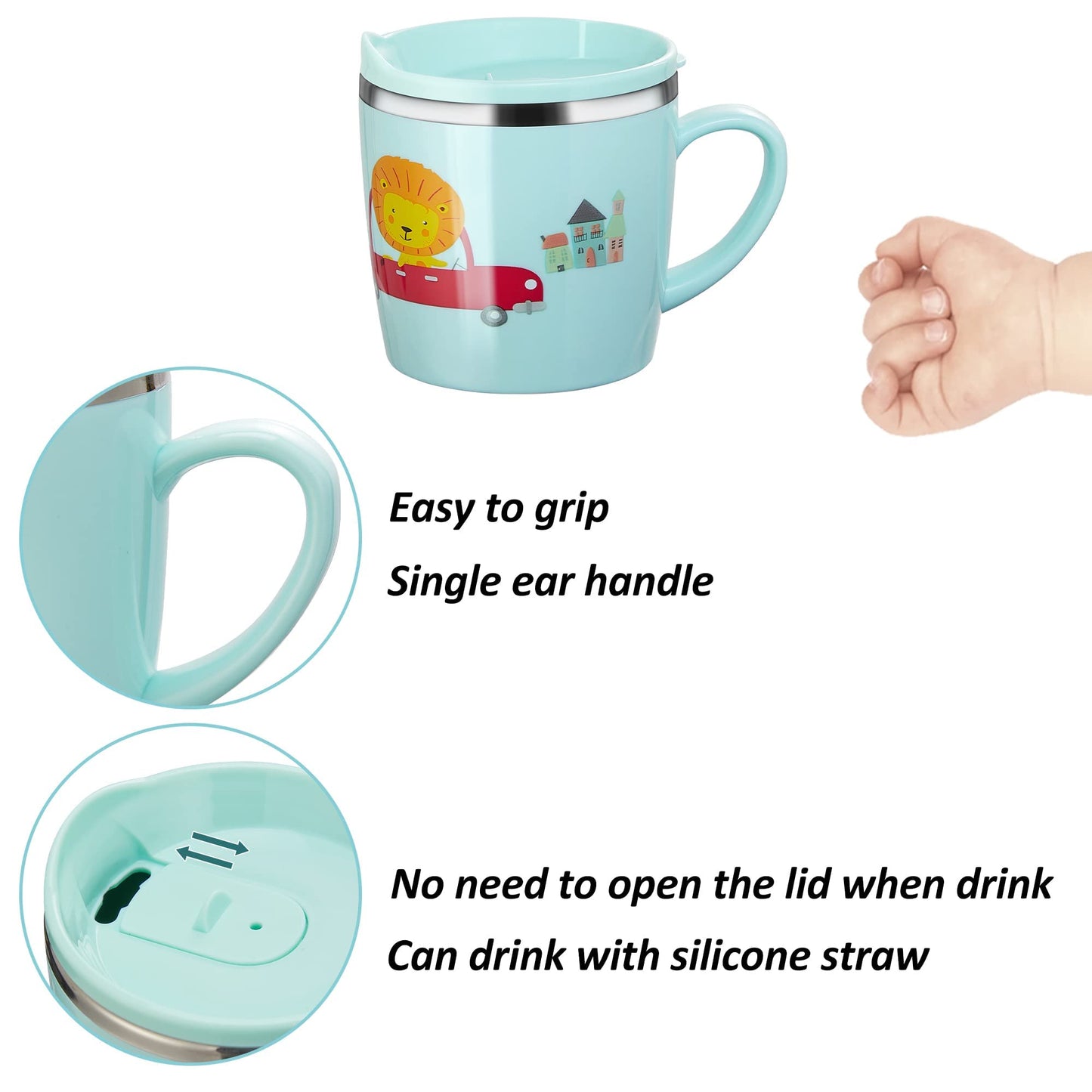 Baby Kids Toddler Sippy Cup Mug for Milk, Coffee, Stainless Steel Trainer Straw Cup with Lid, Fox, 7oz/Pink