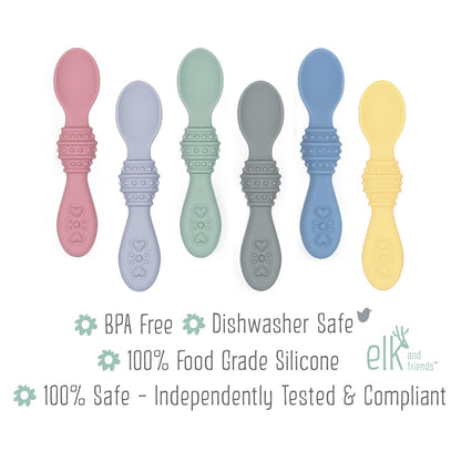 Elk and Friends Silicone Baby Spoons | First Stage Infant Toddler Spoon | Baby Led Weaning Stage | Dishwasher Safe