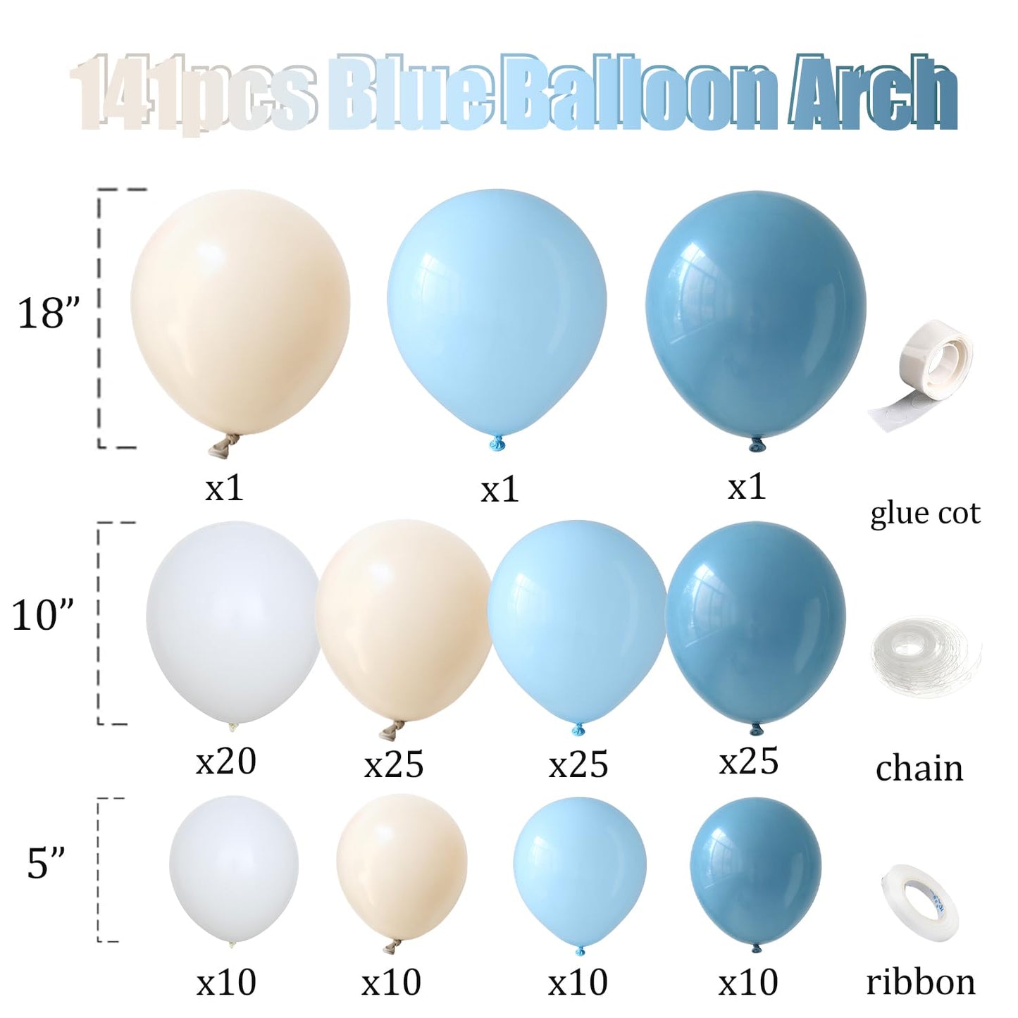 Dusty Blue Balloon Arch Garland Kit, 141 Pcs Sand White Baby Blue White Balloons for Baby Shower Decorations, Gender Reveal, Birthday, Wedding Decoration