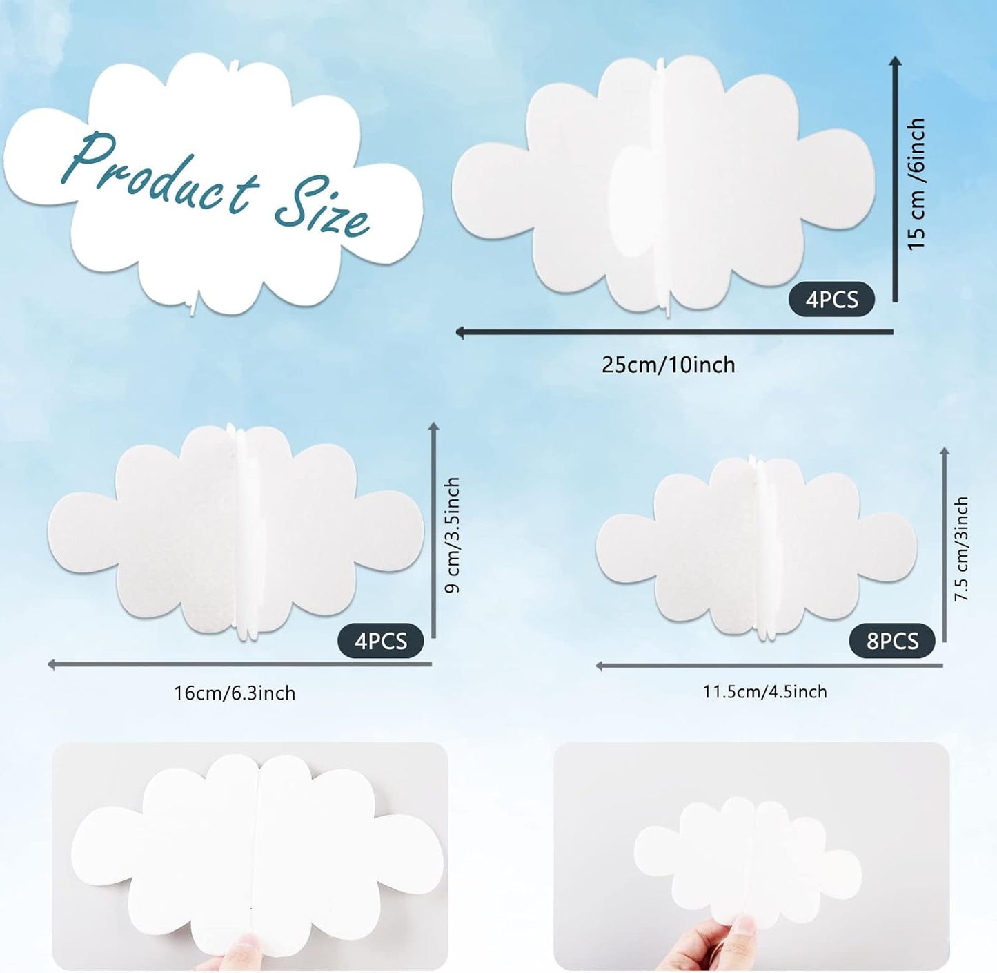 16 Pcs 3D Cloud Decorations Hanging Clouds for Ceiling Artificial Clouds Props Fake Cloud Ornaments Wall Decor Clouds Imitation Decorations Baby Shower Ceiling Party Nursery Children Room Art Wedding