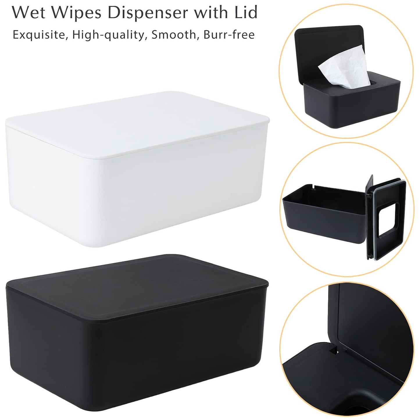 Wet Wipes Storage Box, 2 Pack Wipes Dispenser Holder Tissue Storage Boxes Case with Lid Diaper Wipes Dispenser Box Dustproof Napkin Container with Sealing Design (Black)