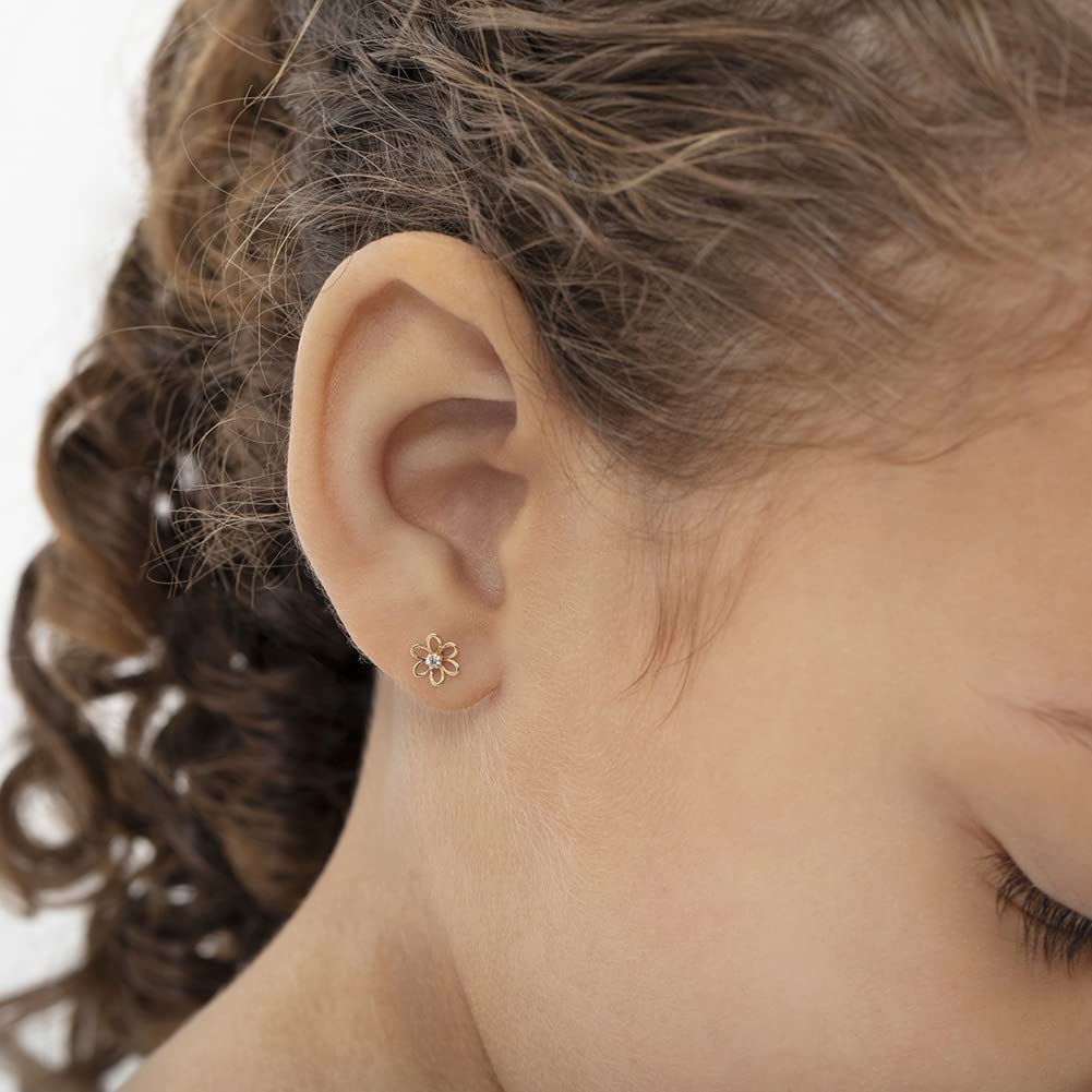 14k Yellow Gold Dainty Cubic Zirconia Young Girls Open Flower Earrings with Safety Screw Backs - Small Flower Stud Earrings for Toddlers with Locking Screw Backs for Safety & Comfort