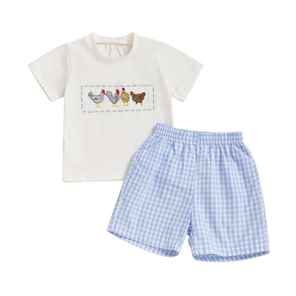 Toddler Baby Boy Summer Outfits Short Sleeve Embroidered T Shirt Tees + Striped/Plaid Shorts Infant Clothes Set