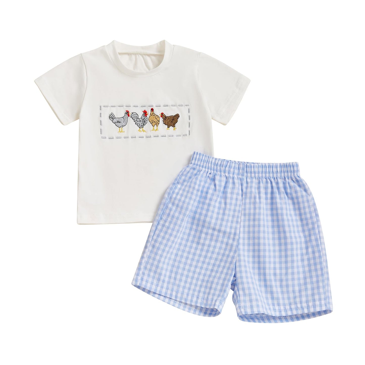 Toddler Baby Boy Summer Outfits Short Sleeve Embroidered T Shirt Tees + Striped/Plaid Shorts Infant Clothes Set