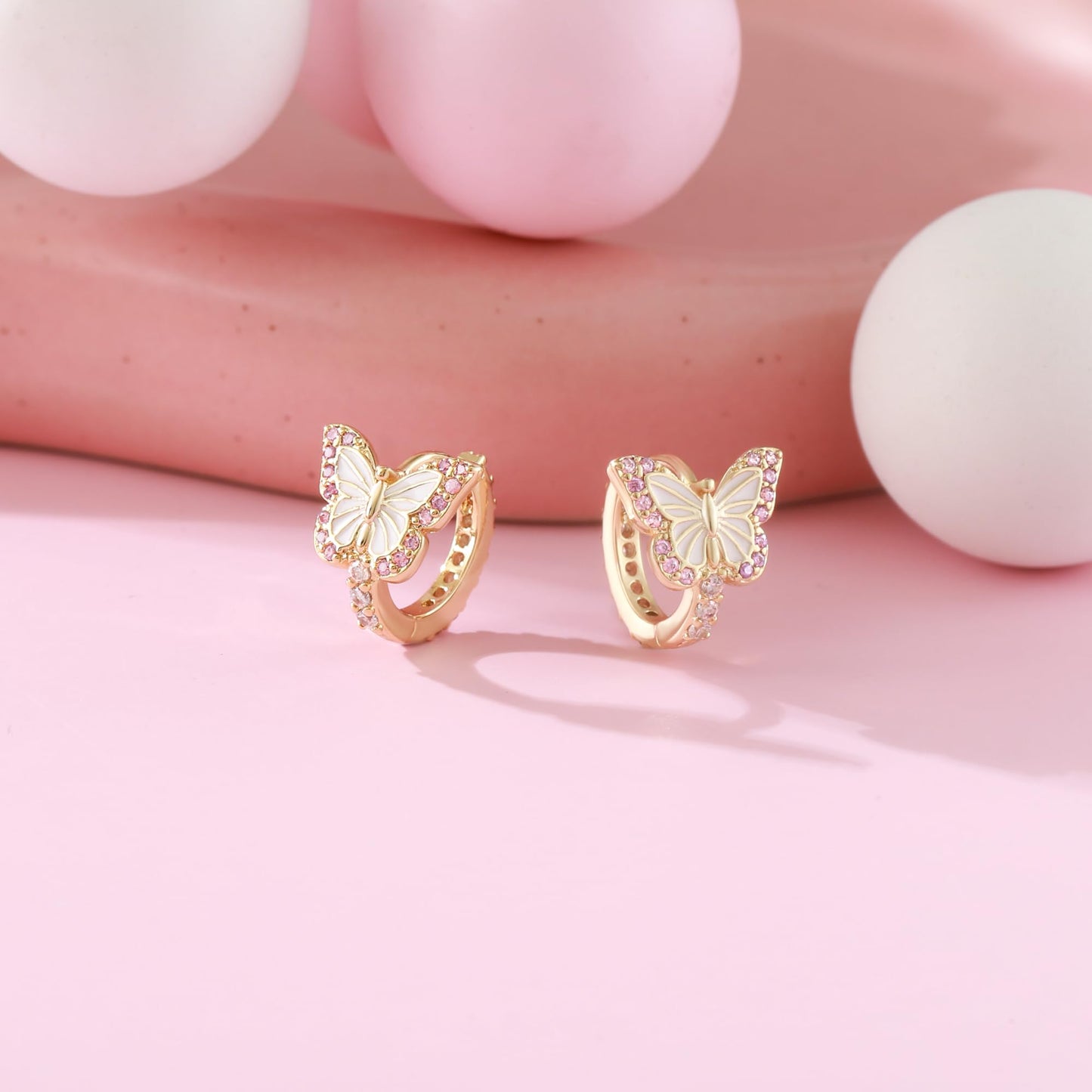 Butterfly Earrings for Women Hypoallergenic CZ 14K Gold Plated Butterflies Huggie Hoop Earring Small Tiny Hoops