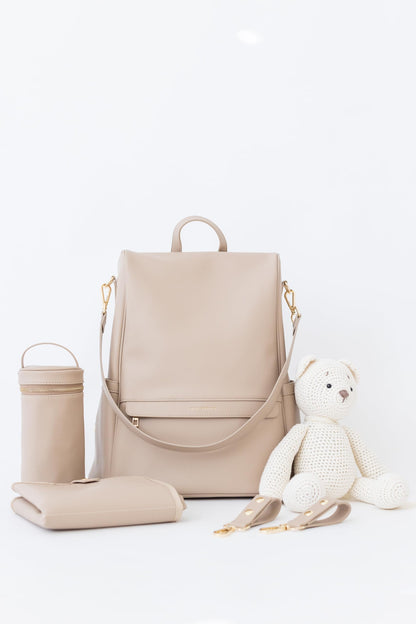 Leather Diaper Bag Backpack with USB Charging port, Changing Pad, Stroller Straps, and Bottle Holder (Brown Olivia)