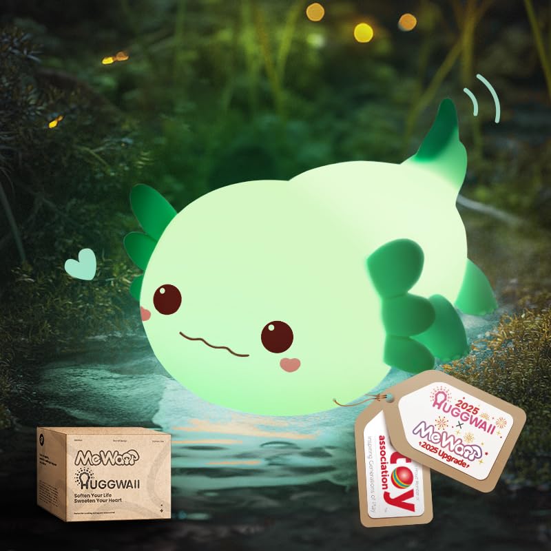 Huggwaii Squishy Axolotl Night Light for Kids – Dimmable Silicone Axolotl Lamp, 2025 Upgraded Baby Night Light, Rechargeable, 20H Battery Life, Sleep Aid Gift for Toddlers, Girls&Room Decor