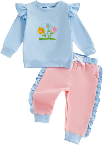 Kupretty Baby Girl Clothes Toddler Fall Winter Outfit Ruffles Crewneck Bow Pullover Sweatshirt + Joggers Pants Set