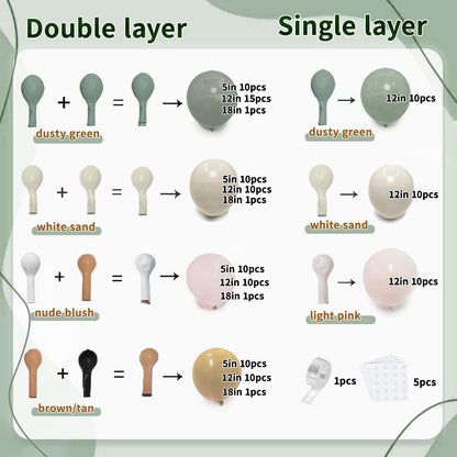 Dusty Green Nude Pink Balloons Arch Kit, Double Stuffed Pastel Balloon Arch Dark Light Green Blush Nude Cream White Sand Tan Pink Balloons for Wedding Birthday Party Woodland Baby Shower Decorations