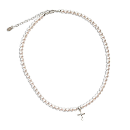 Children's 14K Gold Plated or Sterling Silver Cross Bracelet with Simulated Pearls for Girls First Communion, Baptism, Christening or Dedication Gift