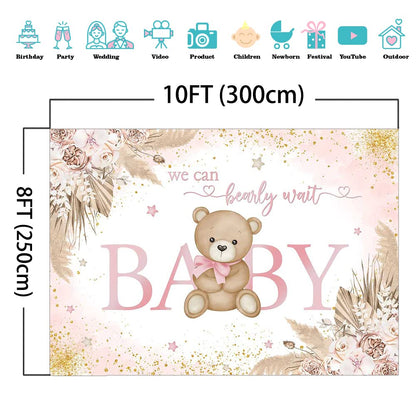 Mocsicka Girl Bear Backdrop Pink Boho Pampas Grass Background We Can Bearly Wait Baby Shower Party Cake Table Decoration Photo Booth Props (7x5ft)