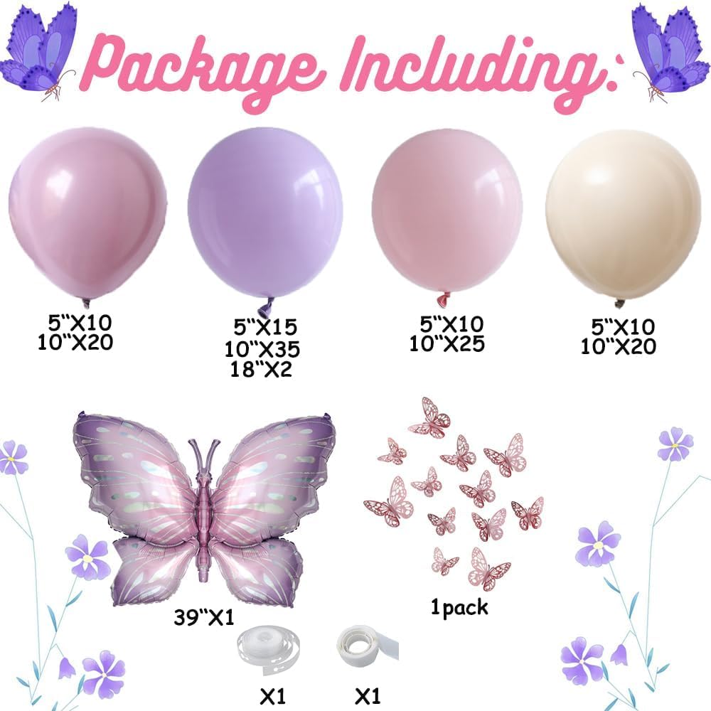 Purple Butterfly Balloon Arch Garland Kit 150 pcs White Sand Boho Pastel Balloon for Butterfly Theme Birthday Baby Shower Fiesta Party Decorations for Girls