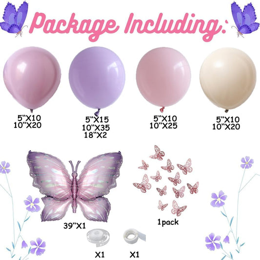 Purple Butterfly Balloon Arch Garland Kit 150 pcs White Sand Boho Pastel Balloon for Butterfly Theme Birthday Baby Shower Fiesta Party Decorations for Girls