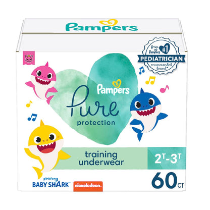 Pampers Training Pants - Pure Protection - Size 2T-3T, 60 Count, Baby Shark Premium Hypoallergenic Potty Underwear
