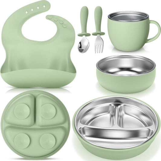 Nuogo 6 Pcs 304 Stainless Steel Kids Plates and Bowls Set Stainless Steel Suction Bowls and Toddler Cup with Removable Silicone, Forks Spoons Pocket Bib for Baby Toddle(Pink,Round)