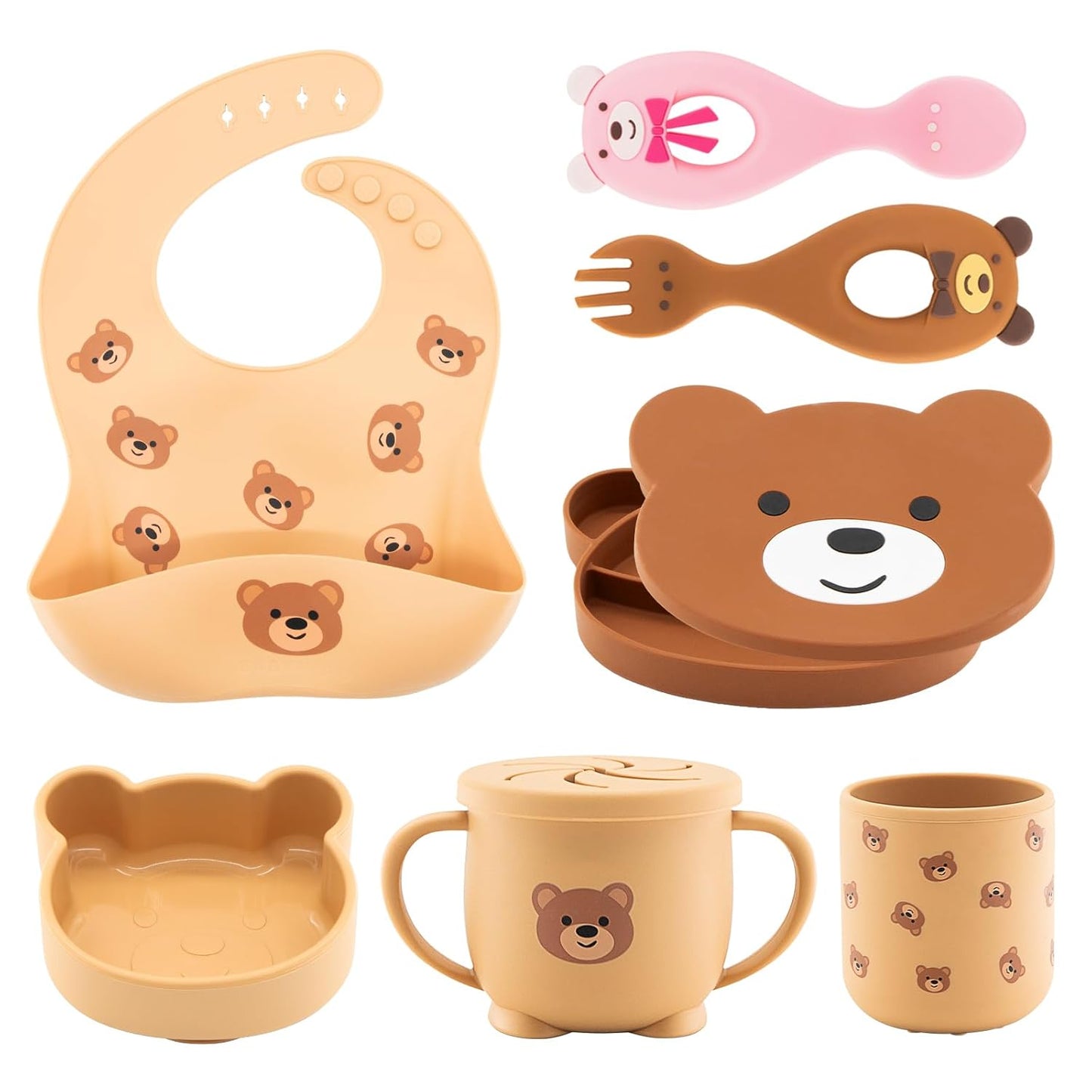 Silicone Baby Feeding Set 7 Pcs, Baby Led Weaning Supplies, Baby Feeding EatincSupplies Set BPA Free, Baby Essentialsfor Newborn Gift Bear