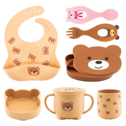 Silicone Baby Feeding Set 7 Pcs, Baby Led Weaning Supplies, Baby Feeding EatincSupplies Set BPA Free, Baby Essentialsfor Newborn Gift Bear