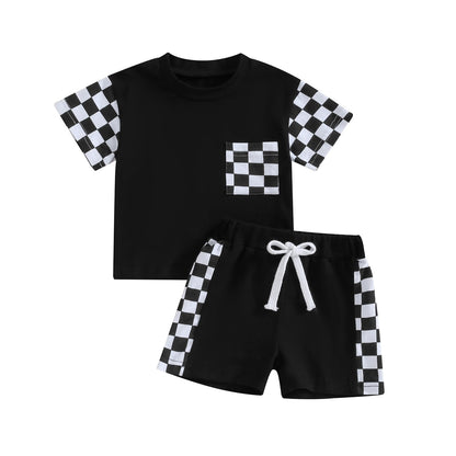 Infant Baby Boy Summer Clothes Outfit Color Block T-shirt Shorts Set Toddler Checkerboard Clothes 6 12 18 24 Months