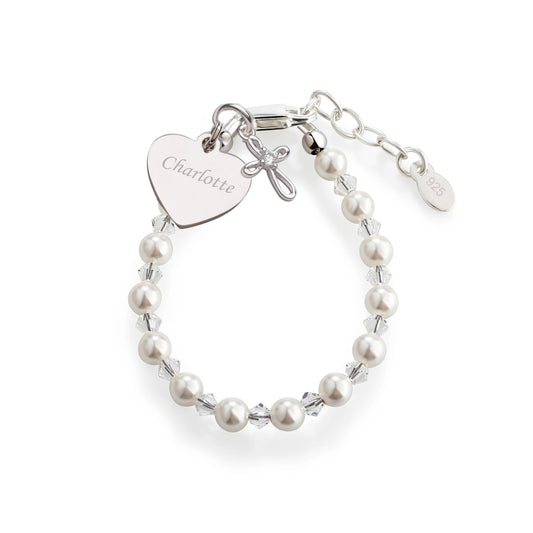 Cherished Moments Sterling Silver Bracelet for Girls with High-End Simulated Pearls and Crystals with a Dainty Infinity Cross Charm