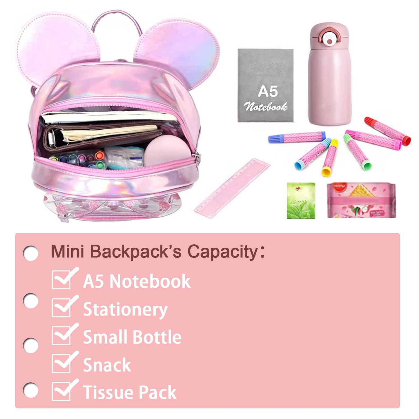 Cutest Toddler Polkadot Bow Mouse Ears Bag Mini Clear Fashion Shoulder Backpack for Teen Toddler Little Girls (clear)