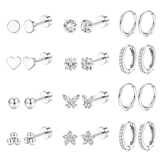 Jstyle Hypoallergenic Surgical Steel Earrings for Sensitive Ears 14K Gold Flat Back Earrings for Women Men Small Stainless Steel Earrings Flatback Stud Hoop Cartilage Earring Set for Multiple Piercing
