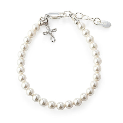 Children's 14K Gold Plated or Sterling Silver Cross Bracelet with Simulated Pearls for Girls First Communion, Baptism, Christening or Dedication Gift