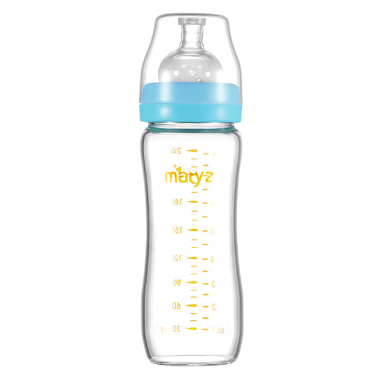 Matyz 8 Ounce Glass Baby Feeding Bottle With Nipple - Light and Slim, Easy to Hold and Clean - Food Grade Borosilicate Glass, Wide Neck for Breastmilk Feeding, No BPA (Pink Lids)