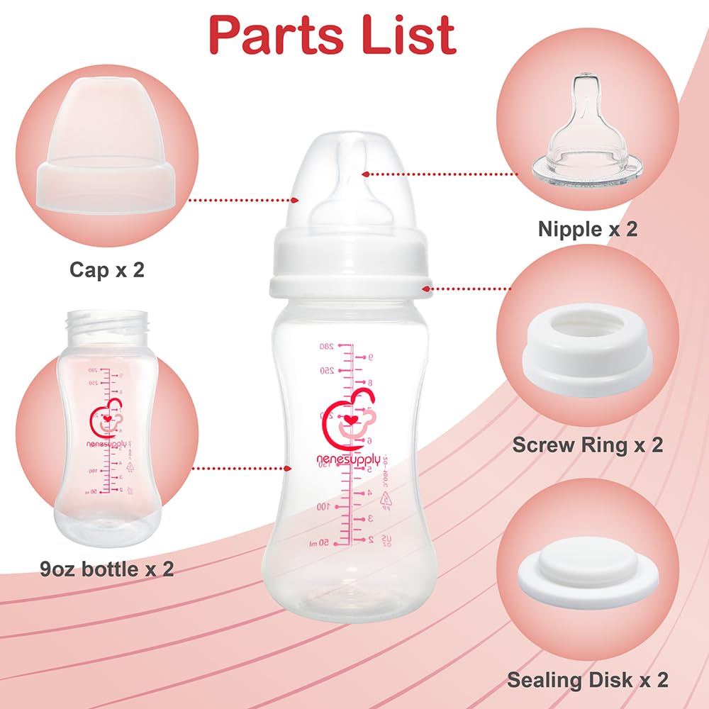 Nenesupply Natural Baby Bottles Newborn Feeding Bottles Slow Flow Breastfeeding Bottle for Breastfed Babies Wide Neck 9oz Anti Colic Level 2 Nipple for 1+ Month Infant Replace Spectra Bottle Pumping