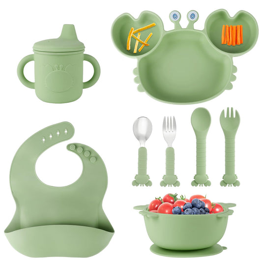Silicone Baby Feeding Set with BPA-Free Suction Plates, Bowl, Silicone Bibs, Sippy Cup, 2 Set Forks and Spoons for Babies 8PCS Baby Led Weaning Supplies Self Feeding Utensils for Toddlers Kids (Pink)