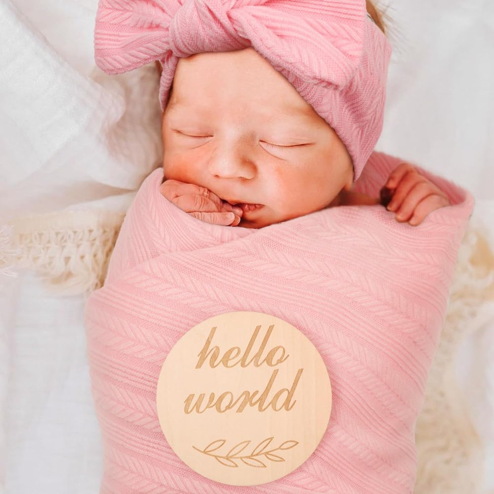 Newborn Receiving Blanket with Bow Hat Mittens Wooden Card Set Wheat-Pattern Newborns Toddler Baby Boy Girl Nursery Swaddle Wrap