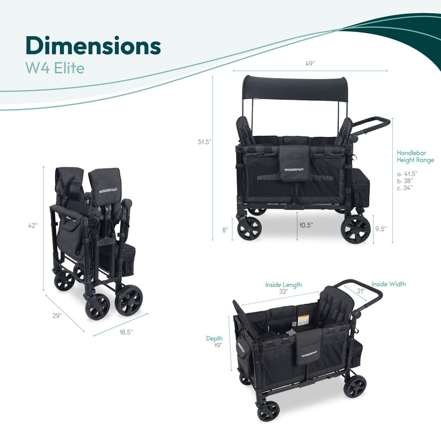 WONDERFOLD W4 Original Stroller Wagon (4 Seater) - Collapsible Wagon Stroller with Seats with 5-Point Harnesses, Easy Access Zipper Door, and Removable Sun Canopy, Black