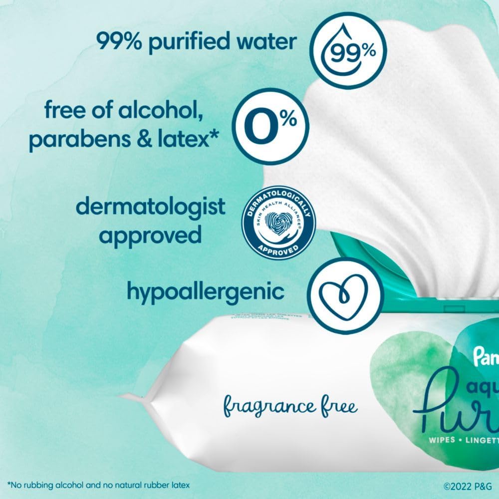 Pampers Baby Wipes Aqua Pure, 99% water-based wipes, Hypoallergenic and Unscented Infant Wipe, 896 Total (16 Flip-Top Packs)