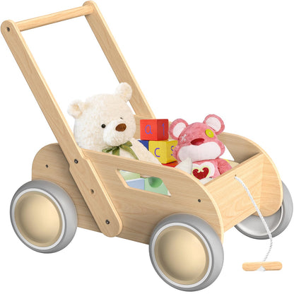 Wooden Baby Walker, Push and Pull Learning Walk Toys for Infants to Toddler, Walker with Wheels for Boys Girls, Gift for Birthday Christmas, Pink