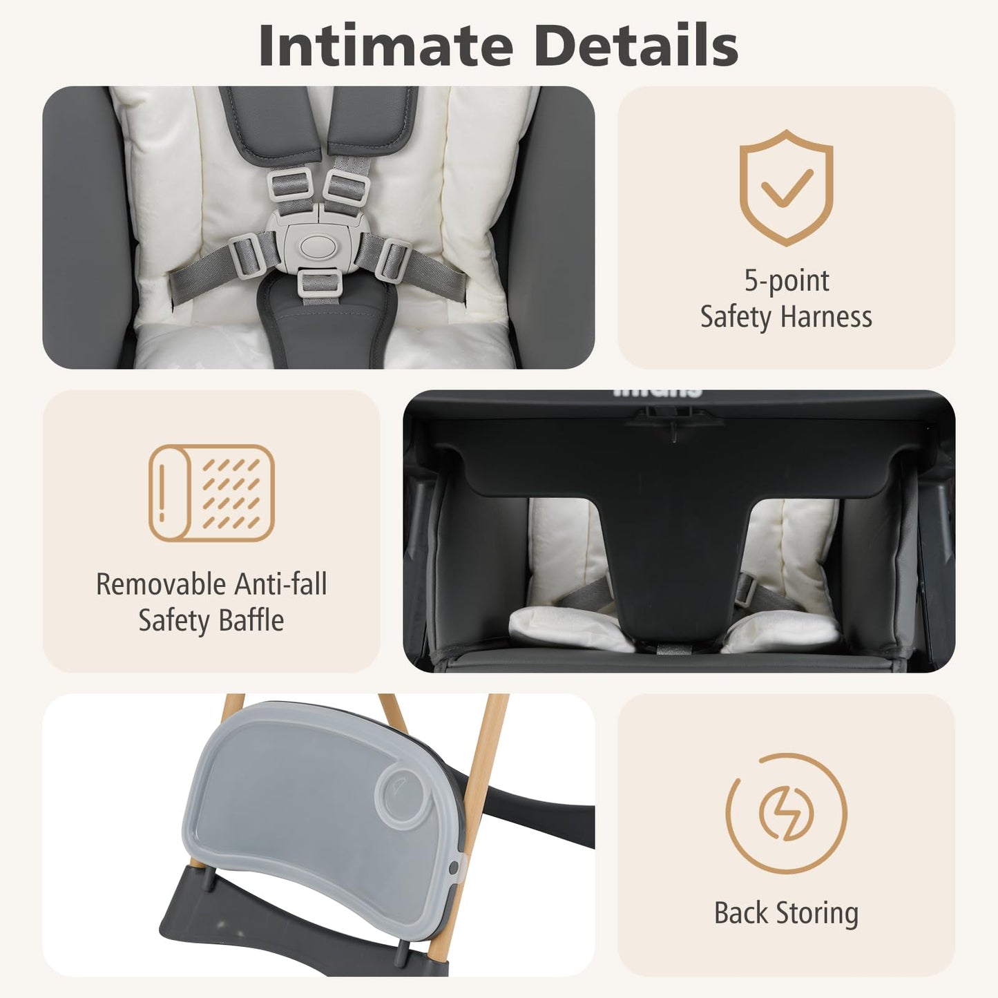 INFANS Baby High Chair, High Chairs for Babies & Toddlers with Adjustable Height Backrest Footrest Removable Tray, Easy to Clean PU Seat Convertible Quick Folding Portable Highchair (Dark Gray)
