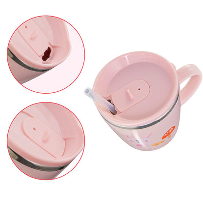 Baby Kids Toddler Sippy Cup Mug for Milk, Coffee, Stainless Steel Trainer Straw Cup with Lid, Fox, 7oz/Pink