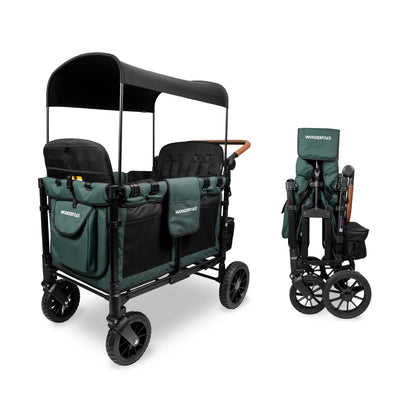 WONDERFOLD W4 Luxe Quad Stroller Wagon Featuring 4 High Face-to-Face Seats with Magnetic Buckle 5-Point Harnesses and Adjustable/Removable UV-Protection Canopy, Hunter Green