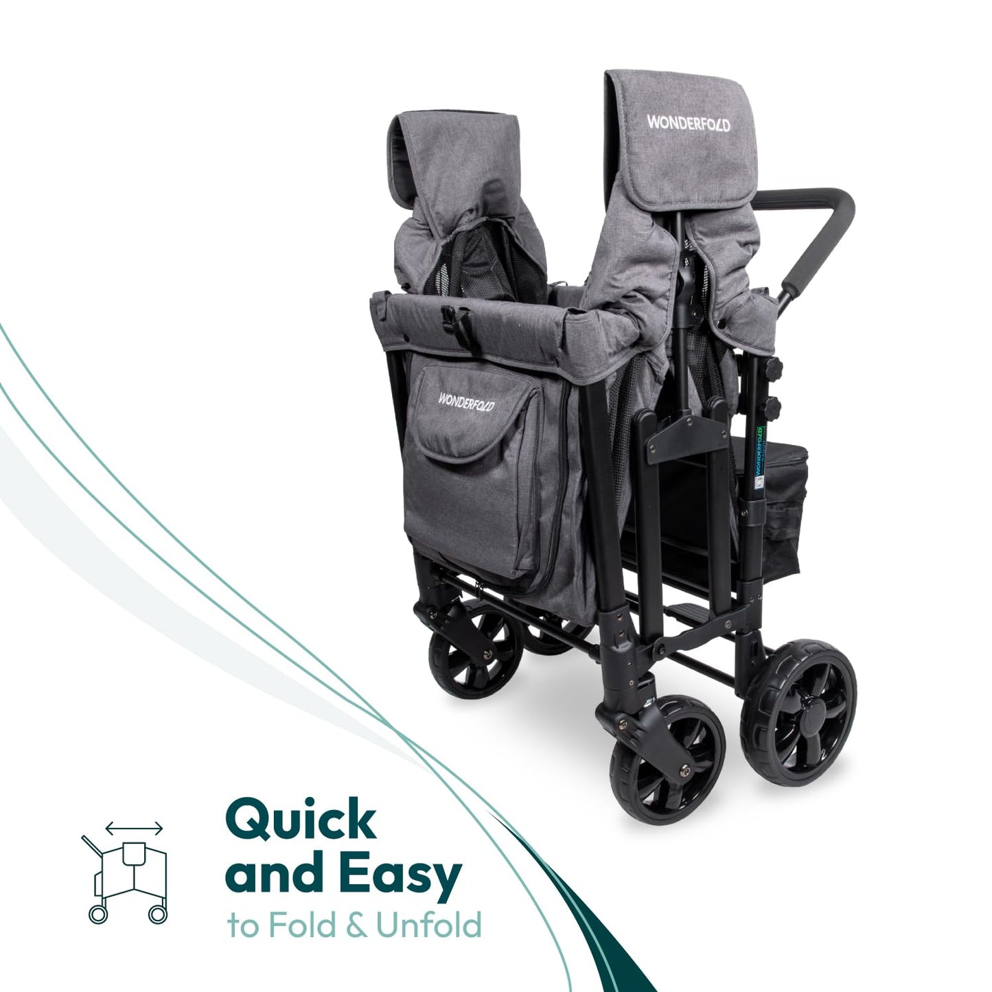 WONDERFOLD W4 Original Stroller Wagon (4 Seater) - Collapsible Wagon Stroller with Seats with 5-Point Harnesses, Easy Access Zipper Door, and Removable Sun Canopy, Black