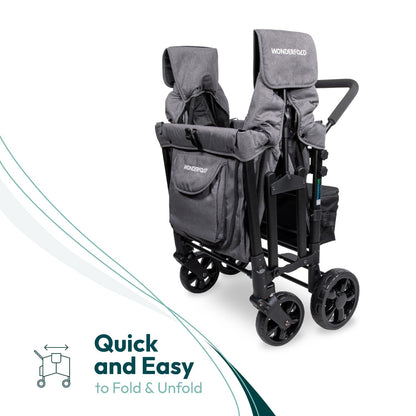 WONDERFOLD W4 Original Stroller Wagon (4 Seater) - Collapsible Wagon Stroller with Seats with 5-Point Harnesses, Easy Access Zipper Door, and Removable Sun Canopy, Black