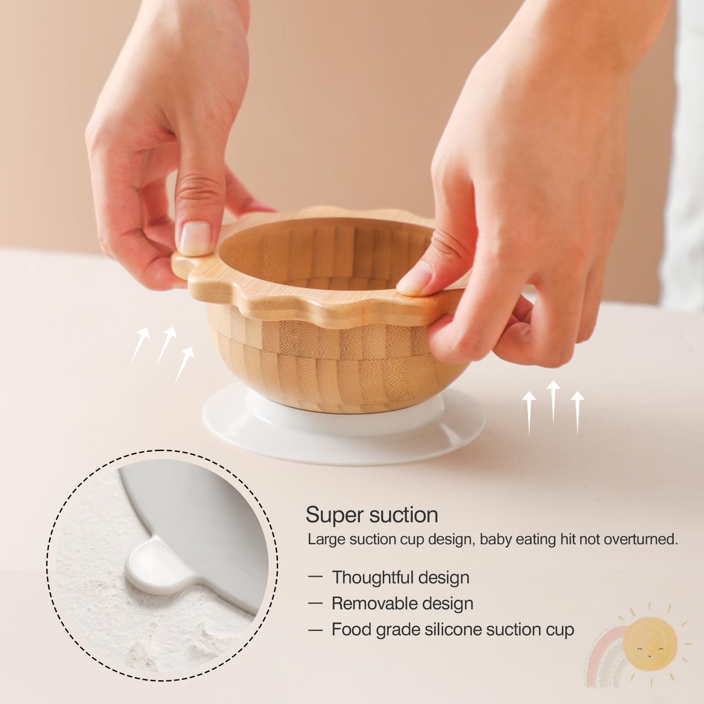 Bamboo Suction Plates Bowls Set for Baby Toddler Divided Platter Food bowl with Silicone Fork & Spoon All-Natural Baby Feeding Set for Baby-Led Weaning, Non-Slip Design