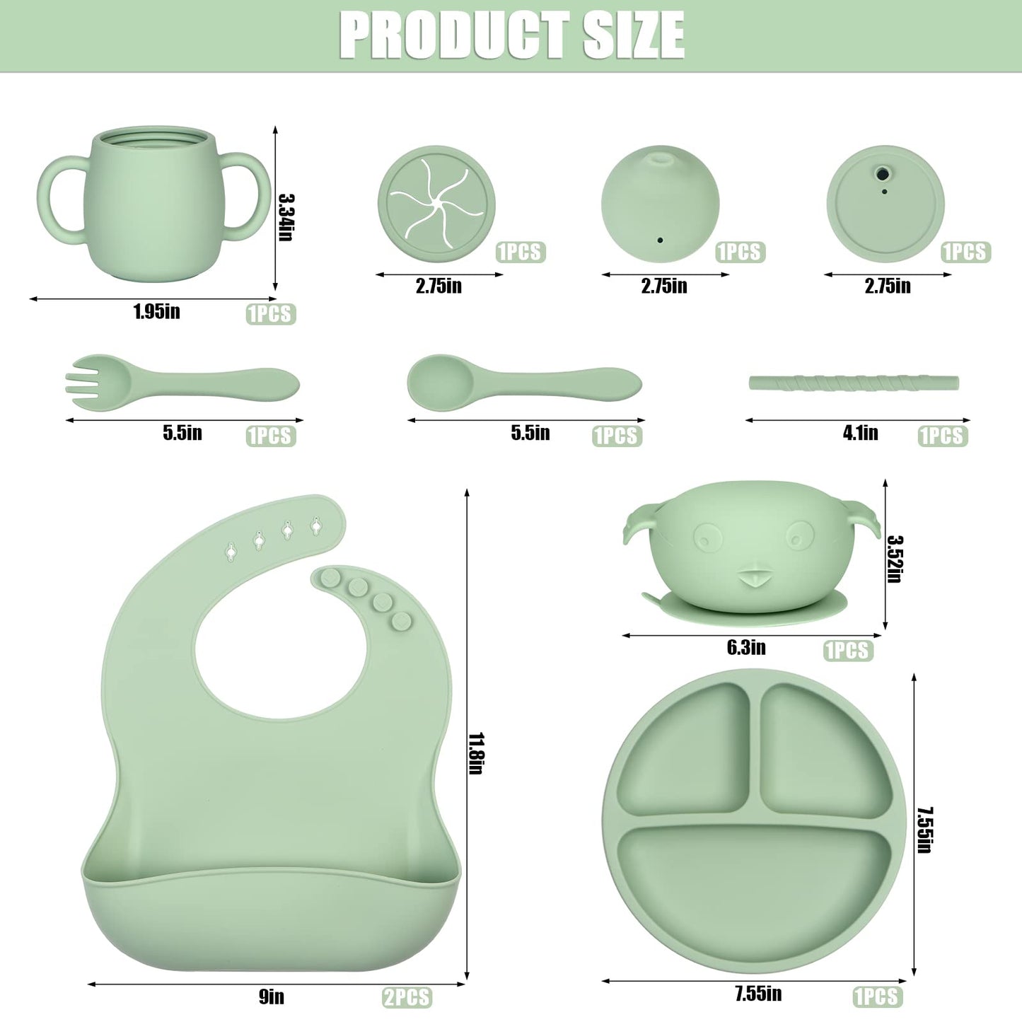Silicone Baby Feeding Set 11 Piece, Baby Led Weaning Feeding Supplies, Strong Suction Bowl & Suction Plate, Adjustable Bibs, 4-in-1 Cup, Silicone Spoon & Fork, Food-grade Silicone (Green)