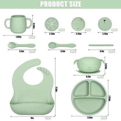 Silicone Baby Feeding Set 11 Piece, Baby Led Weaning Feeding Supplies, Strong Suction Bowl & Suction Plate, Adjustable Bibs, 4-in-1 Cup, Silicone Spoon & Fork, Food-grade Silicone (Green)