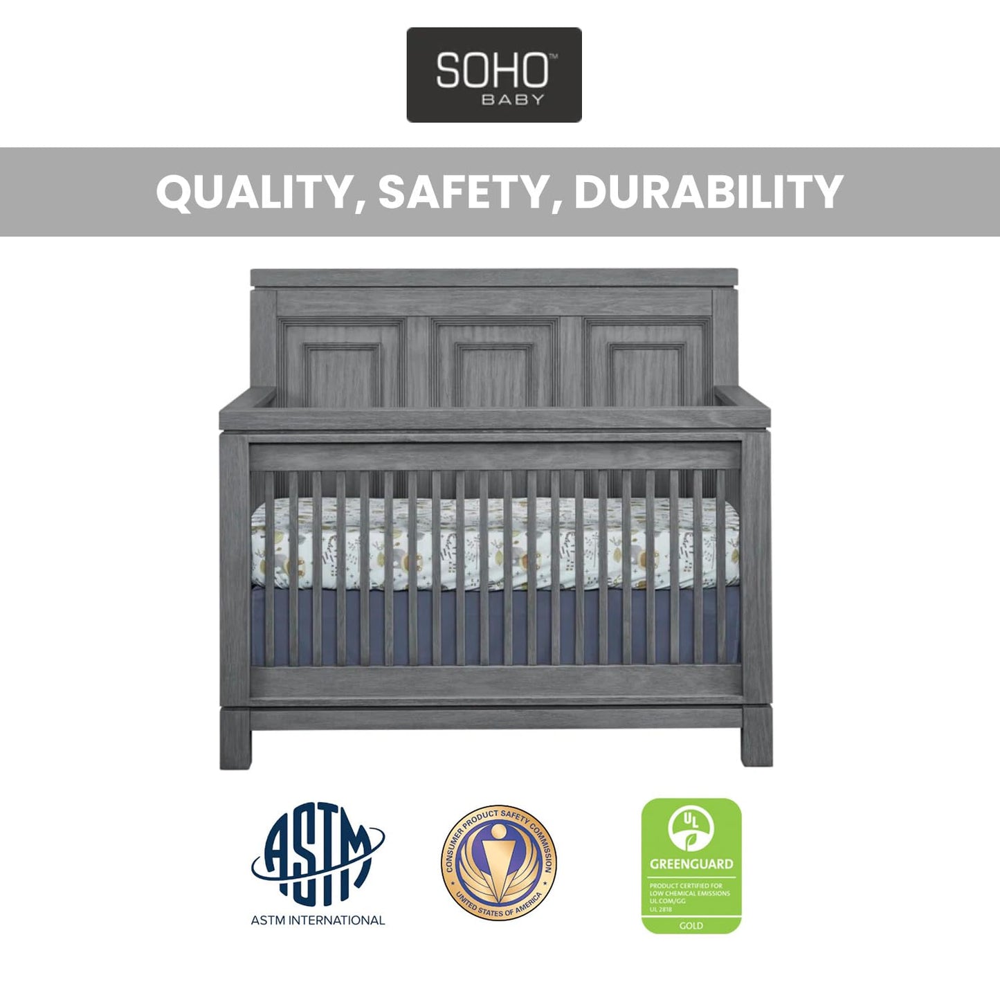 Soho Baby Manchester Premium 4-in-1 Convertible Crib, Flat-Top Headboard, Rustic Gray, GreenGuard Gold Certified