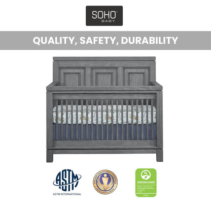 Soho Baby Manchester Premium 4-in-1 Convertible Crib, Flat-Top Headboard, Rustic Gray, GreenGuard Gold Certified