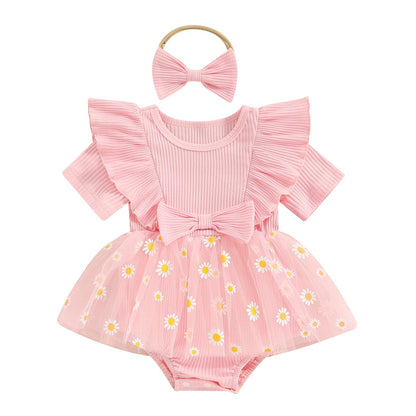 Baby Girls Daisy Romper Bowknot Bodysuit+Headband Short Sleeve Playsuits Floral Jumpsuit Infant Summer Clothes