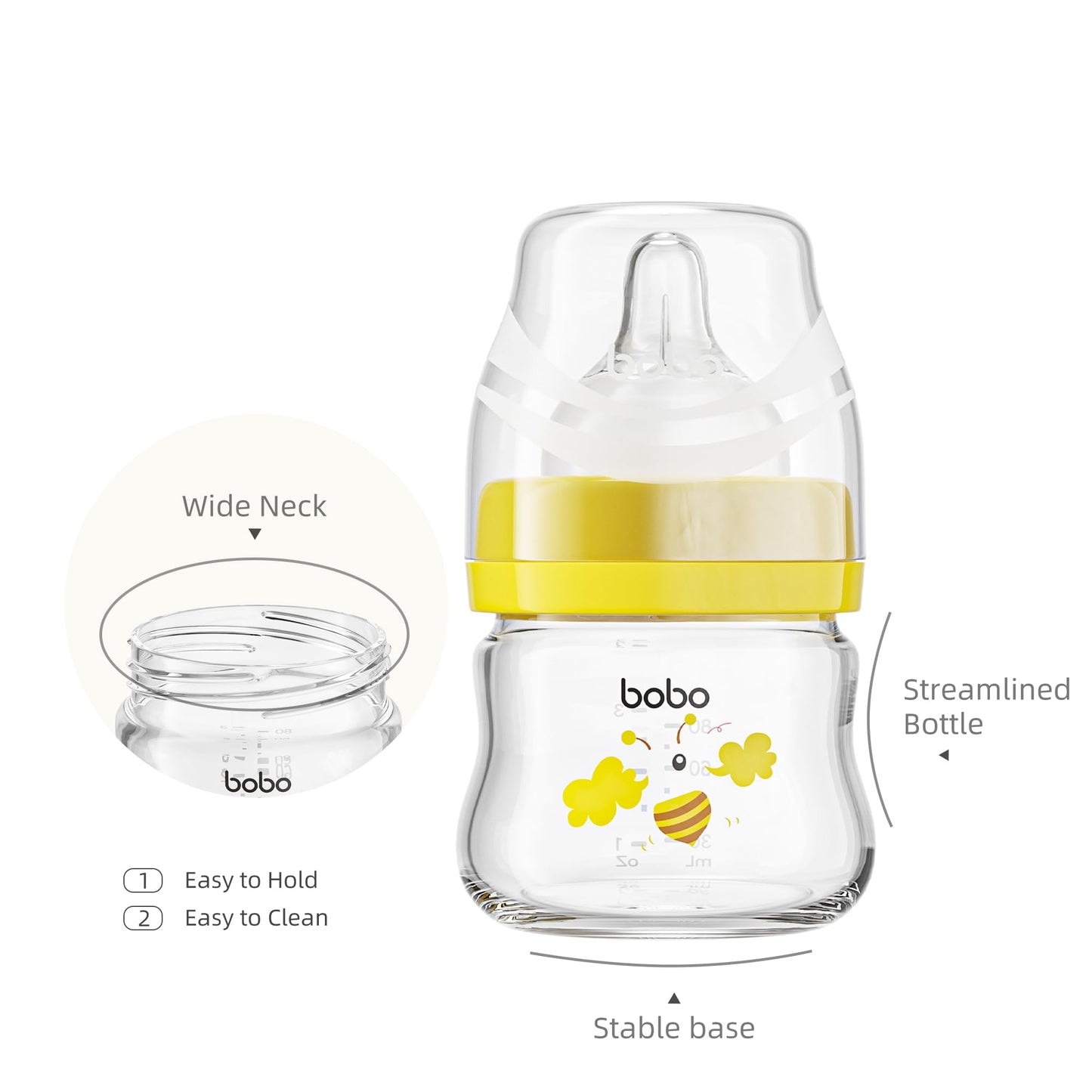 YOHKOH Glass Baby Bottles with Slow Flow Nipple, Newborn Anti-Colic Baby Bottles for 0+ Months, Wide Neck Feeding Bottle, Clear (Red, 2.7oz (Pack of 2))